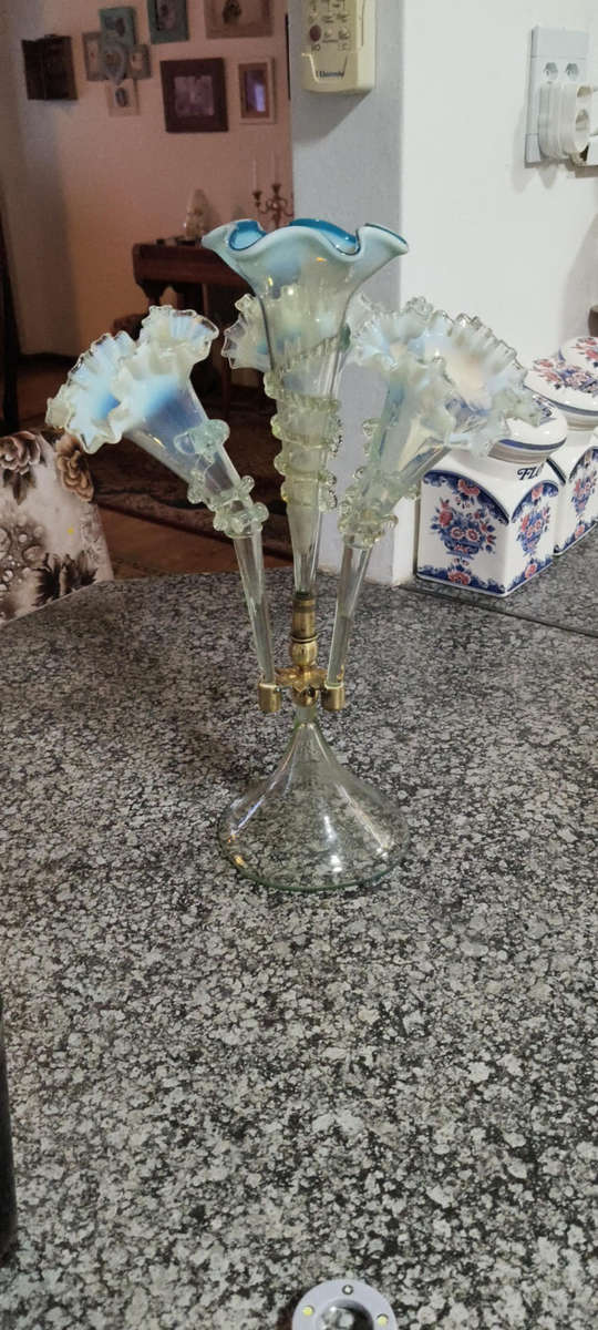 Victorian Epergne uranium and Blue glass Vase/ French Serving dish