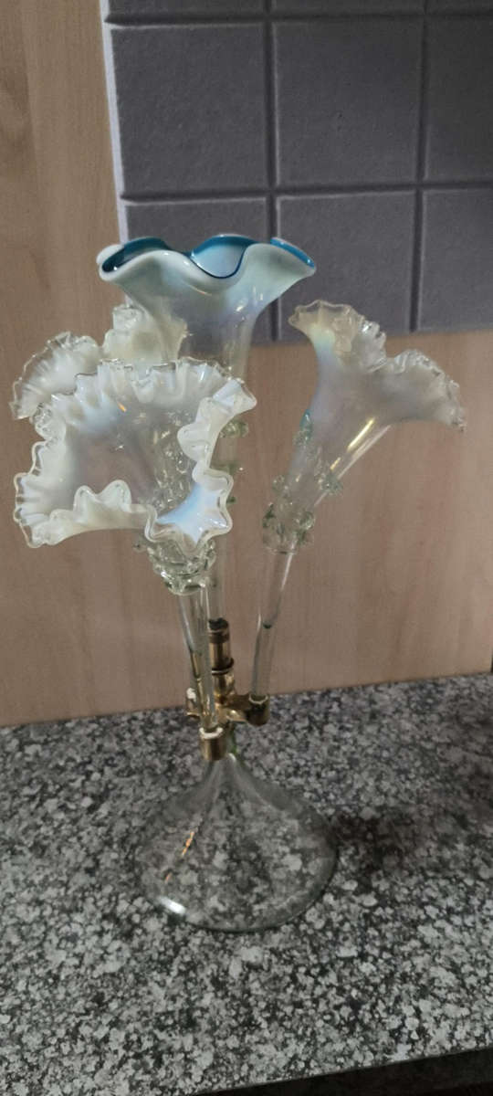 Victorian Epergne uranium and Blue glass Vase/ French Serving dish