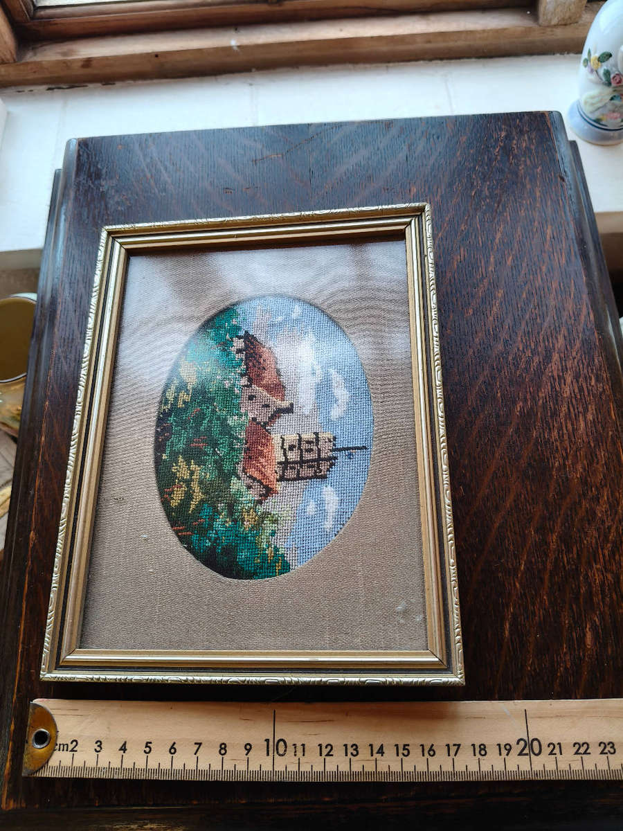 Pair of Vintage Hand-Stitched Needlepoint Pictures  Framed