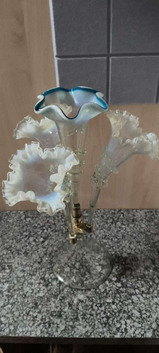 Victorian Epergne uranium and Blue glass Vase/ French Serving dish