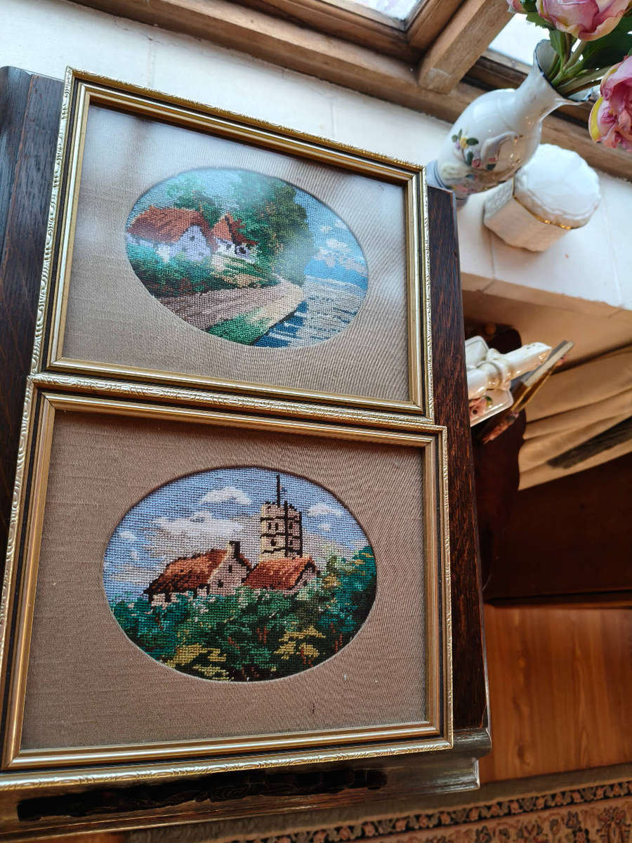 Pair of Vintage Hand-Stitched Needlepoint Pictures  Framed