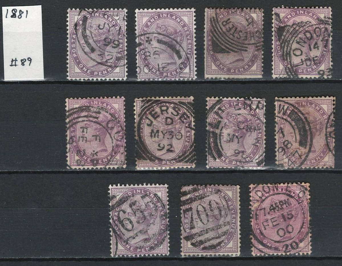 England 1881 Scott #89 1p Lilac Die II (selection of 11 postmarks)