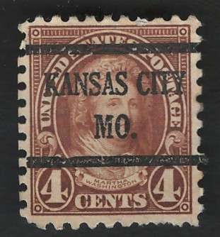 USA 1923/26  (P10) Scott #585 4c Deep Yellow Brown (Kansas City pre-cancel). Price R6