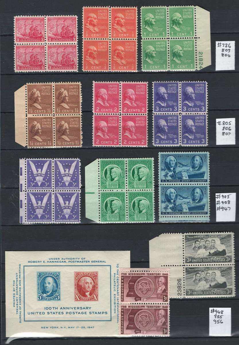 USA 1934/61  Scott #736 - #1142 Blocks & Pairs (3 scans, 99 stamps)-Mint&Unused. Price R46 (cv R462)