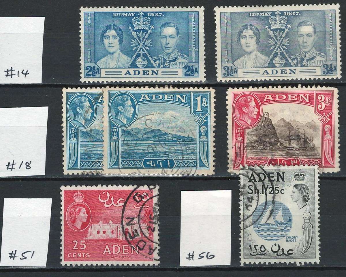 Aden (British) 1937 to 1959. Scott #14, #15, #18, #22, #51, #56 (6 stamps)