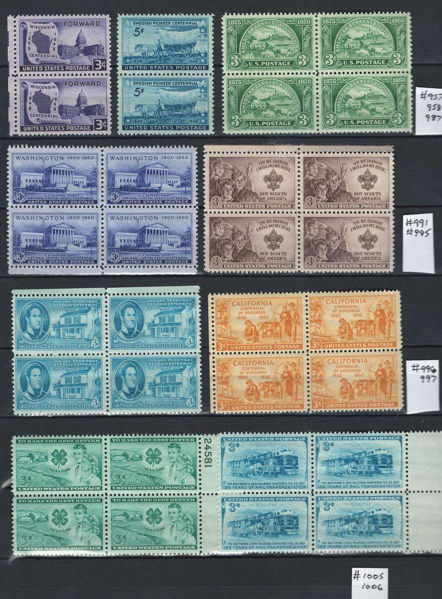 USA 1934/61  Scott #736 - #1142 Blocks & Pairs (3 scans, 99 stamps)-Mint&Unused. Price R46 (cv R462)