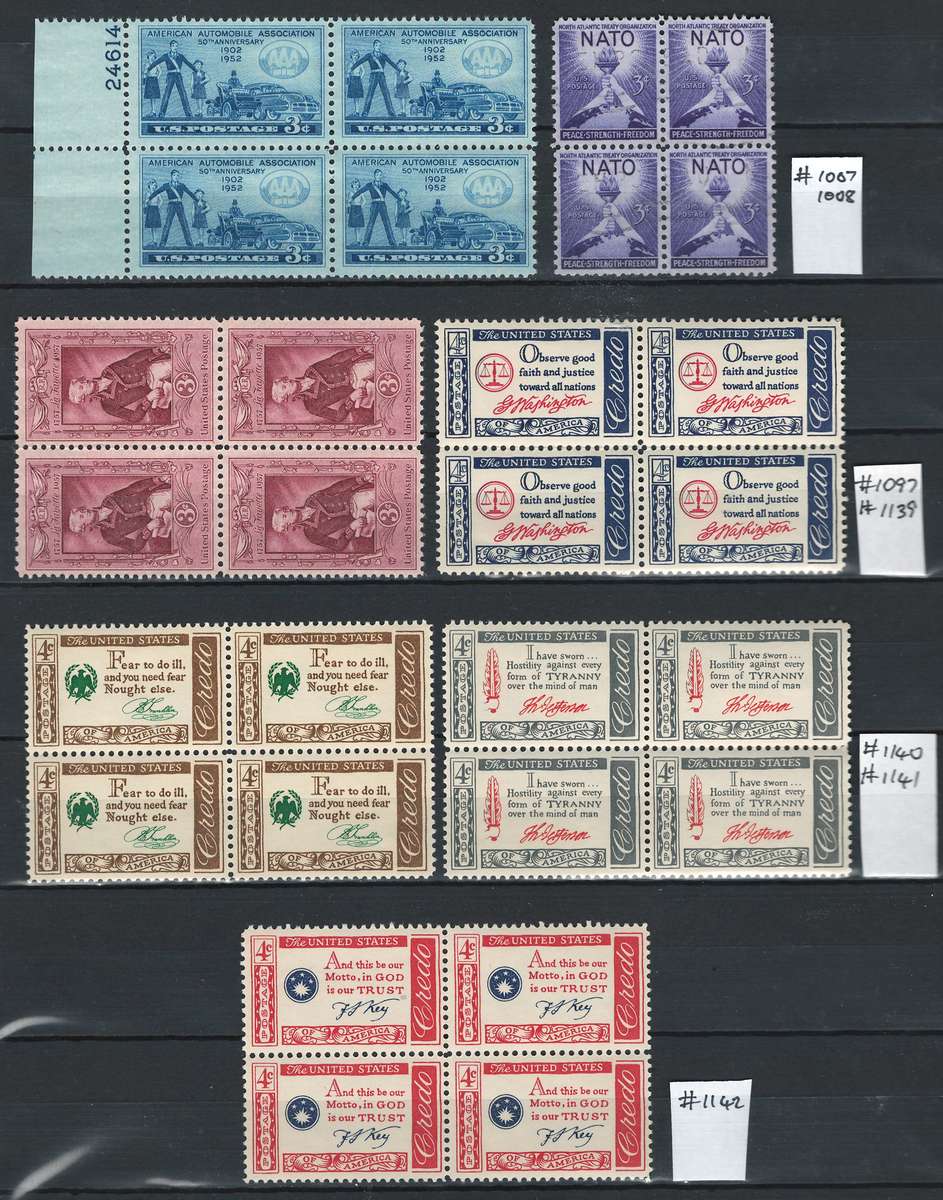 USA 1934/61  Scott #736 - #1142 Blocks & Pairs (3 scans, 99 stamps)-Mint&Unused. Price R46 (cv R462)