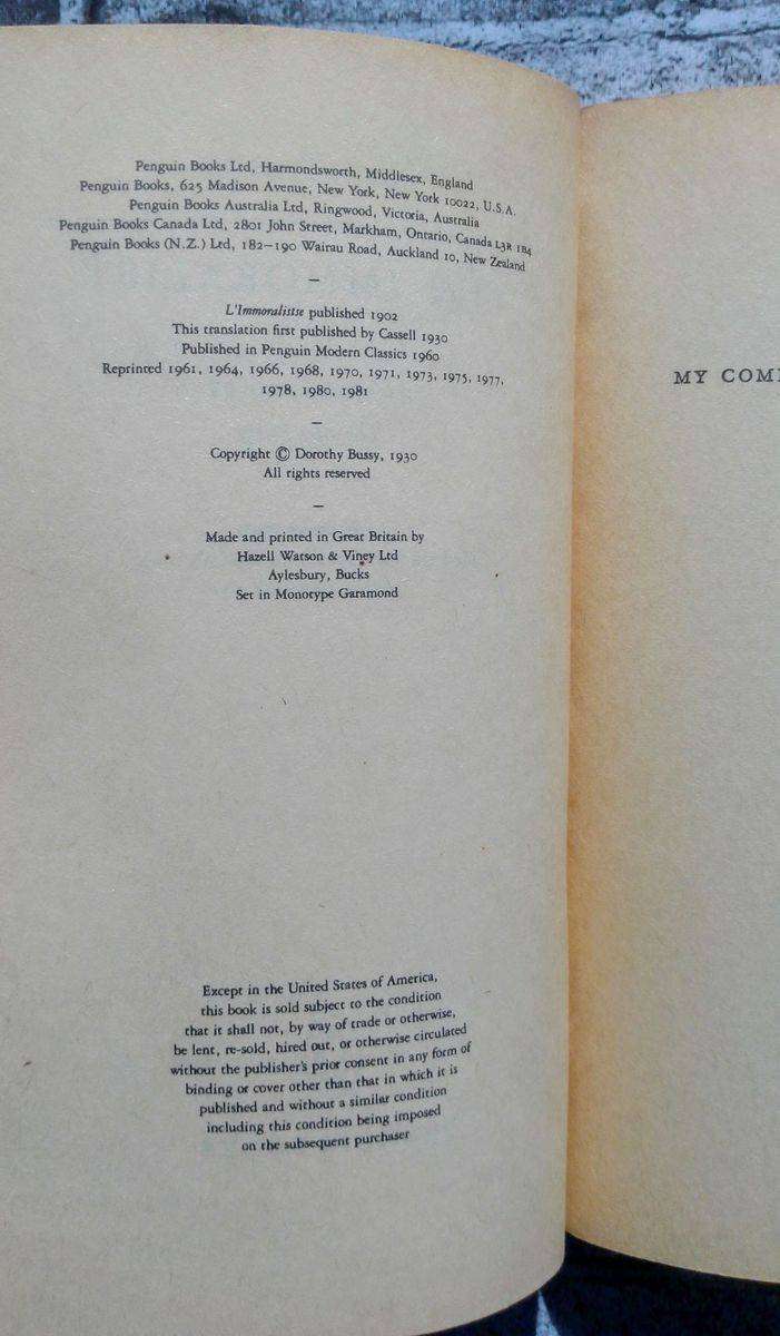 Reserved - The Immoralist by André Gide