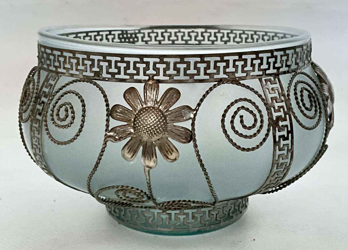 Very pretty frosted glass bowl with ornamental wirework frame