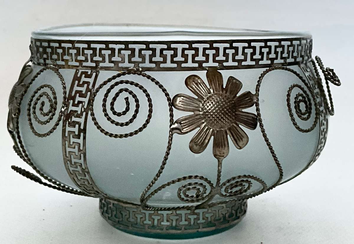 Very pretty frosted glass bowl with ornamental wirework frame