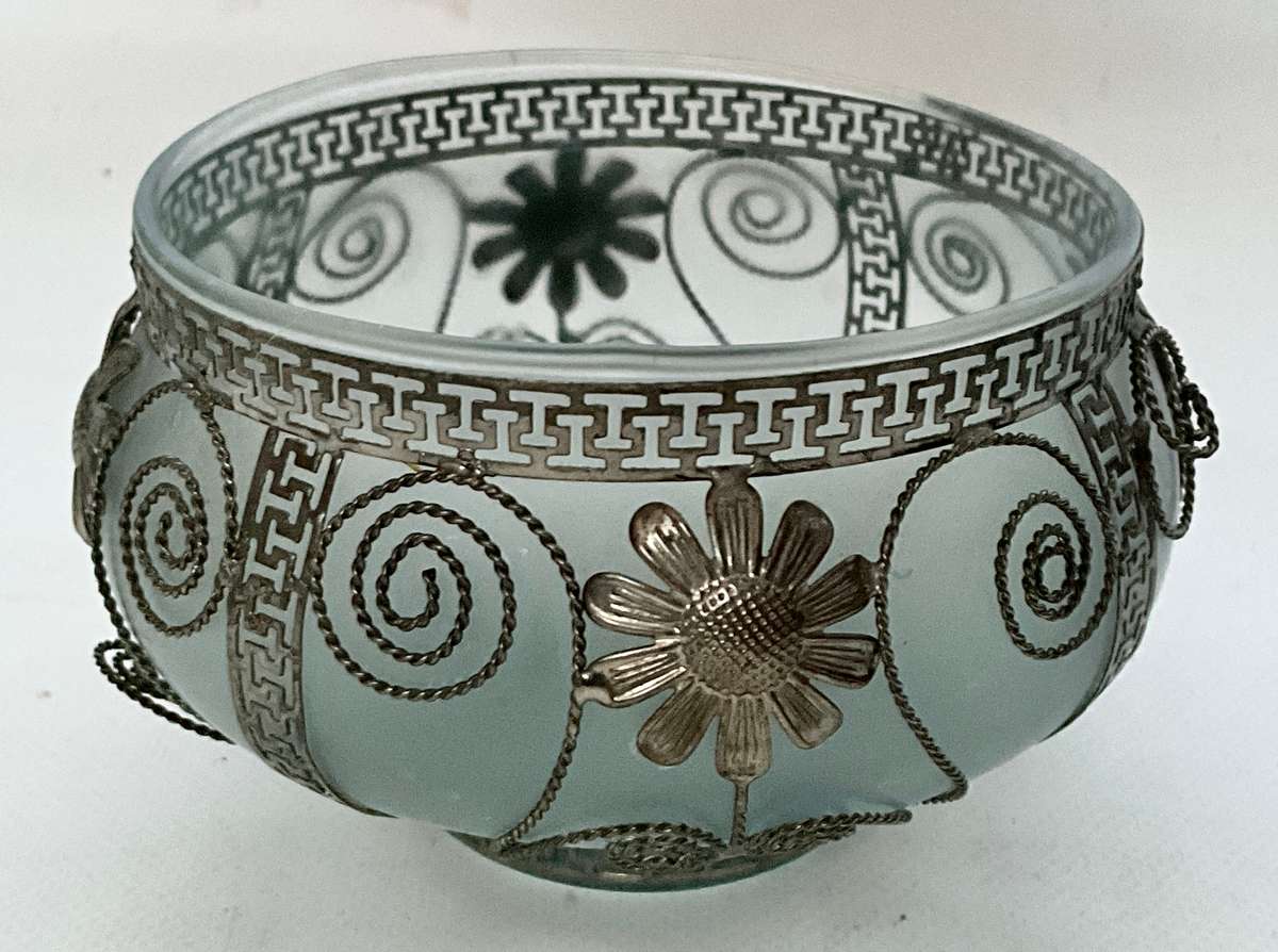 Very pretty frosted glass bowl with ornamental wirework frame
