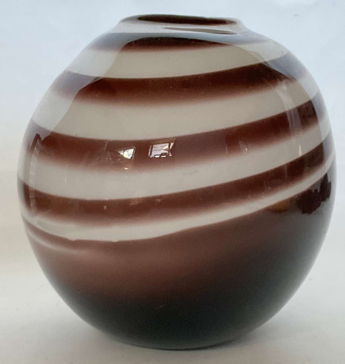 Monochrome swirly striped round glass vase, approx. 16cms tall (please read)