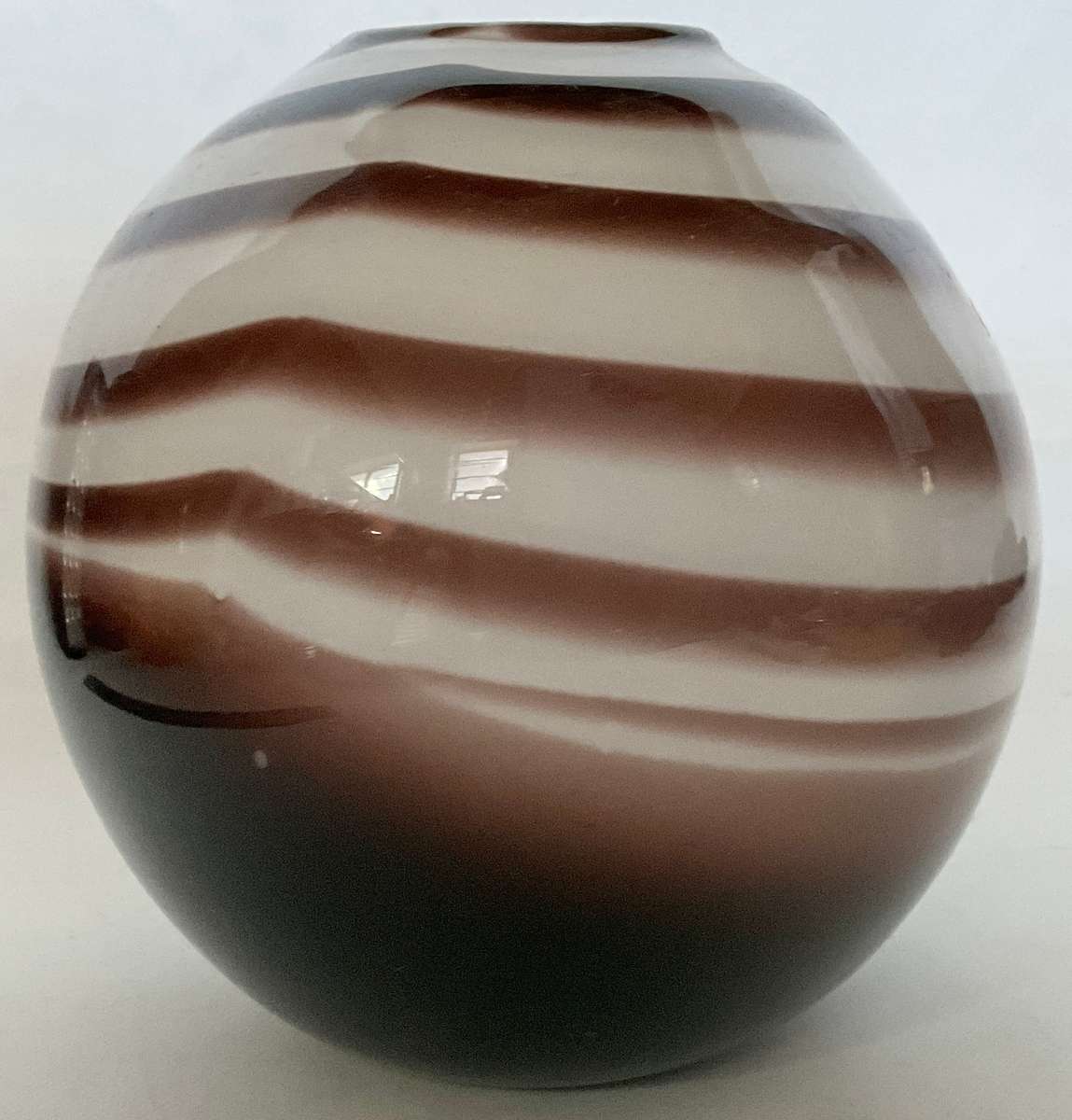 Monochrome swirly striped round glass vase, approx. 16cms tall (please read)