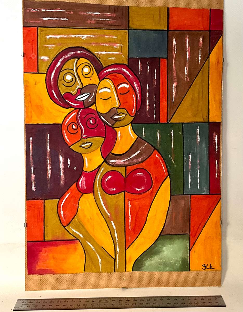 Colourful and bright painting on cloth of 3 people (family?) on abstract background