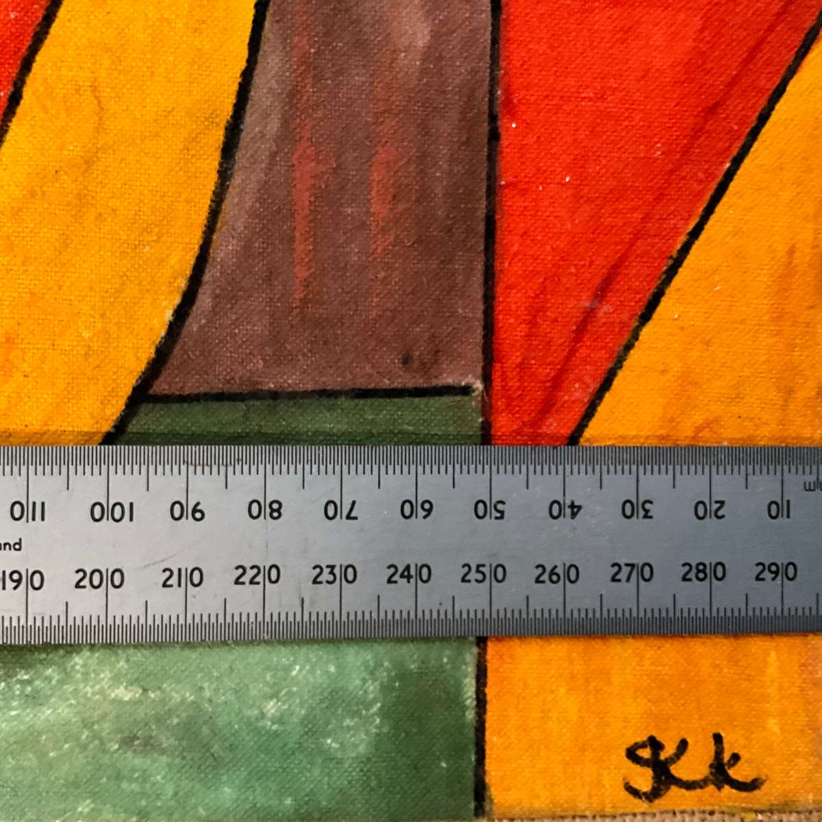 Colourful and bright painting on cloth of 3 people (family?) on abstract background