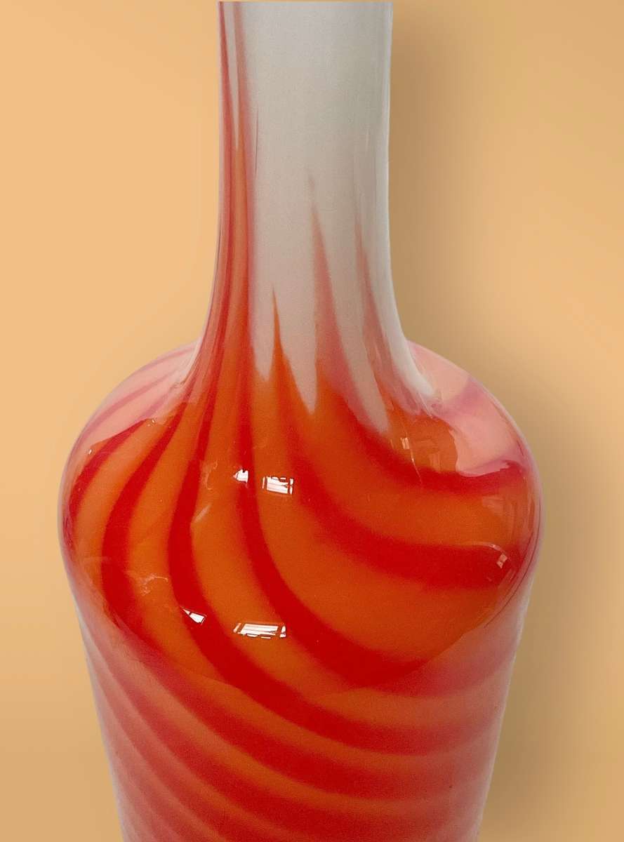 White and orange Murano-style Flame studio glass vase, 45cms tall- wow!