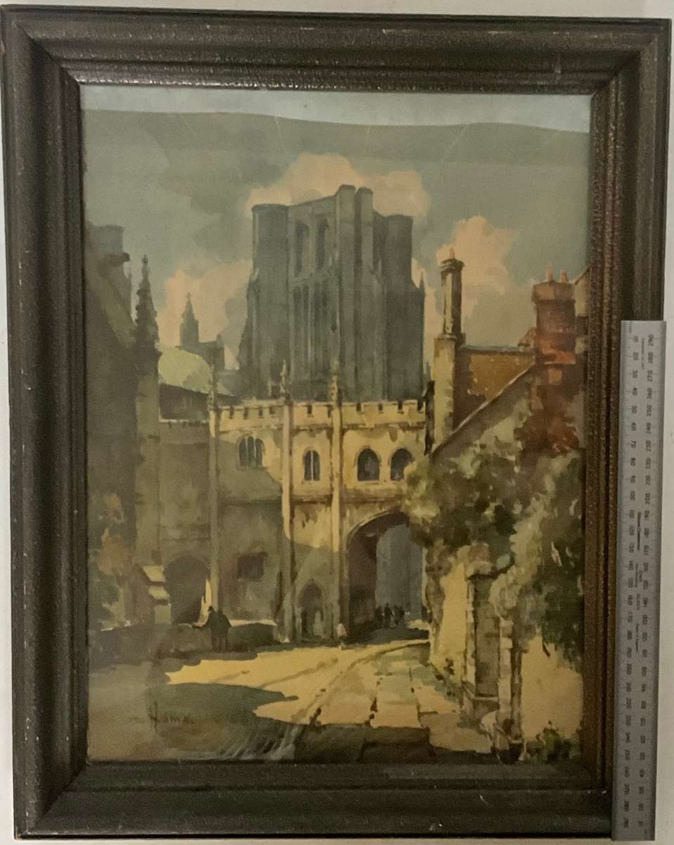 Large vintage print of a cityscape by W. Hams of a castle/cathedral, in a black wooden frame