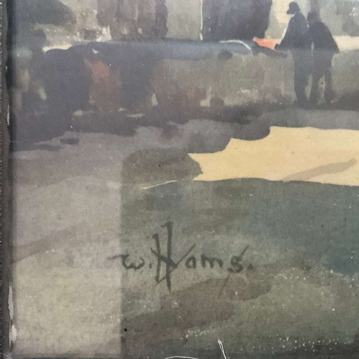 Large vintage print of a cityscape by W. Hams of a castle/cathedral, in a black wooden frame