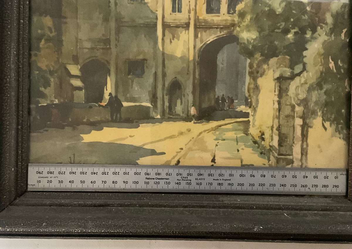 Large vintage print of a cityscape by W. Hams of a castle/cathedral, in a black wooden frame