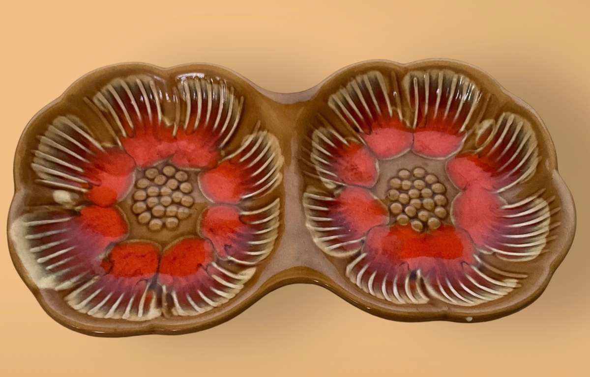 Midcentury retro brown and orange serving set with floral theme