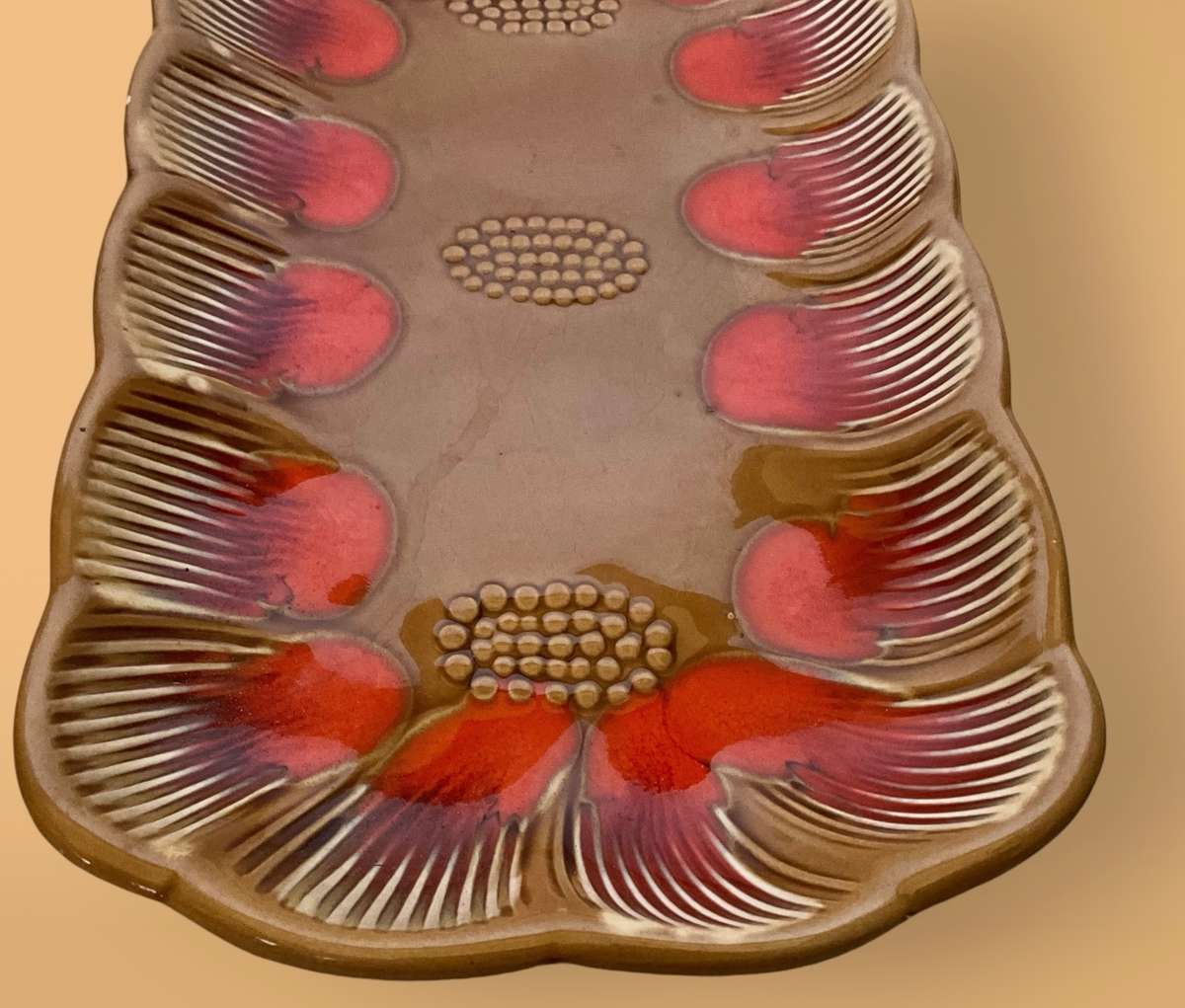 Midcentury retro brown and orange serving set with floral theme