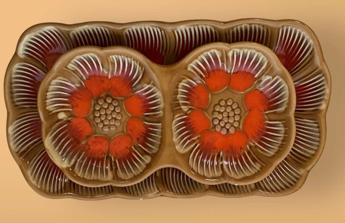 Midcentury retro brown and orange serving set with floral theme