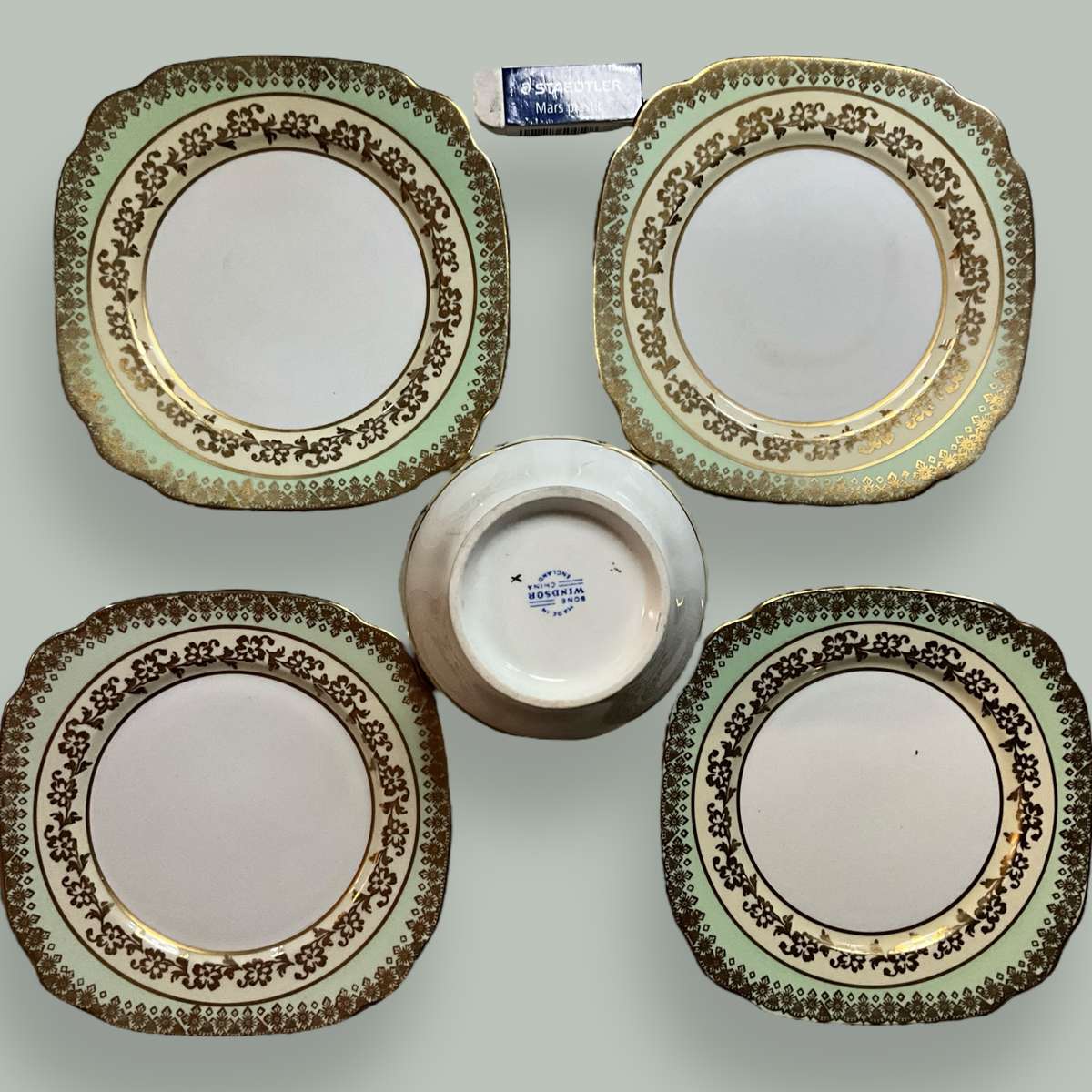 Set of four pretty Windsor Bone China gilded side plates and a sugar bowl (please read)