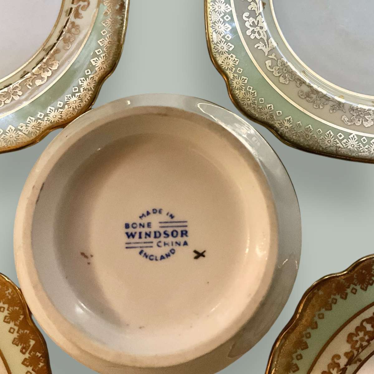 Set of four pretty Windsor Bone China gilded side plates and a sugar bowl (please read)
