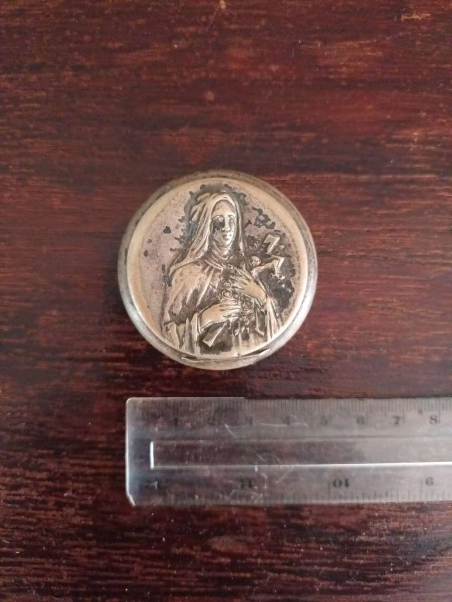 ANTIQUE ALPACCA Rosary Holder Box Depicting Tomb Of Saint Therese Of Lisieux