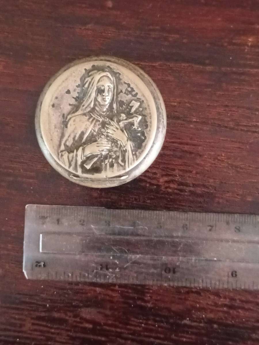 ANTIQUE ALPACCA Rosary Holder Box Depicting Tomb Of Saint Therese Of Lisieux