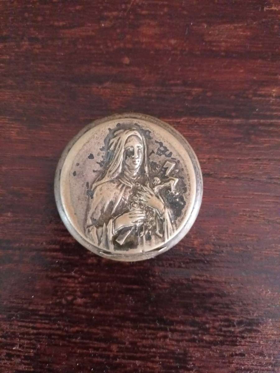 ANTIQUE ALPACCA Rosary Holder Box Depicting Tomb Of Saint Therese Of Lisieux