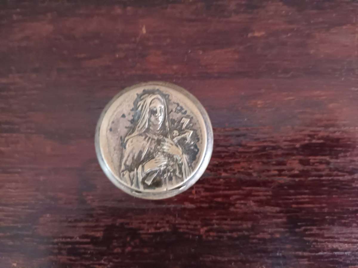 ANTIQUE ALPACCA Rosary Holder Box Depicting Tomb Of Saint Therese Of Lisieux