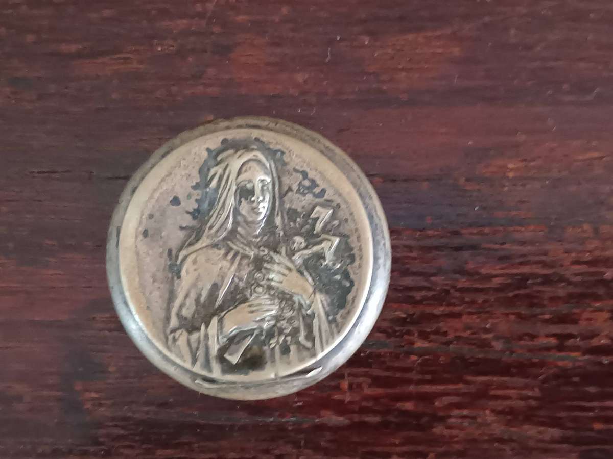 ANTIQUE ALPACCA Rosary Holder Box Depicting Tomb Of Saint Therese Of Lisieux