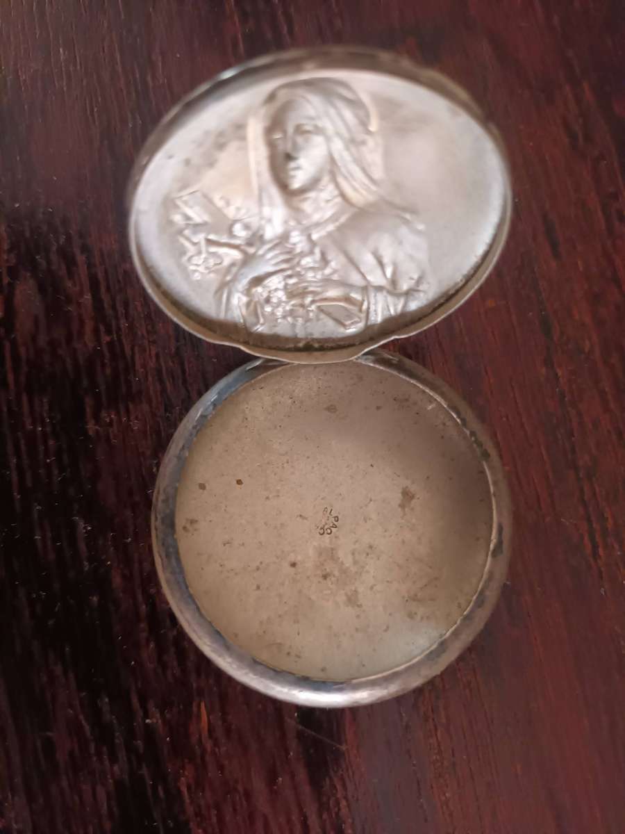 ANTIQUE ALPACCA Rosary Holder Box Depicting Tomb Of Saint Therese Of Lisieux