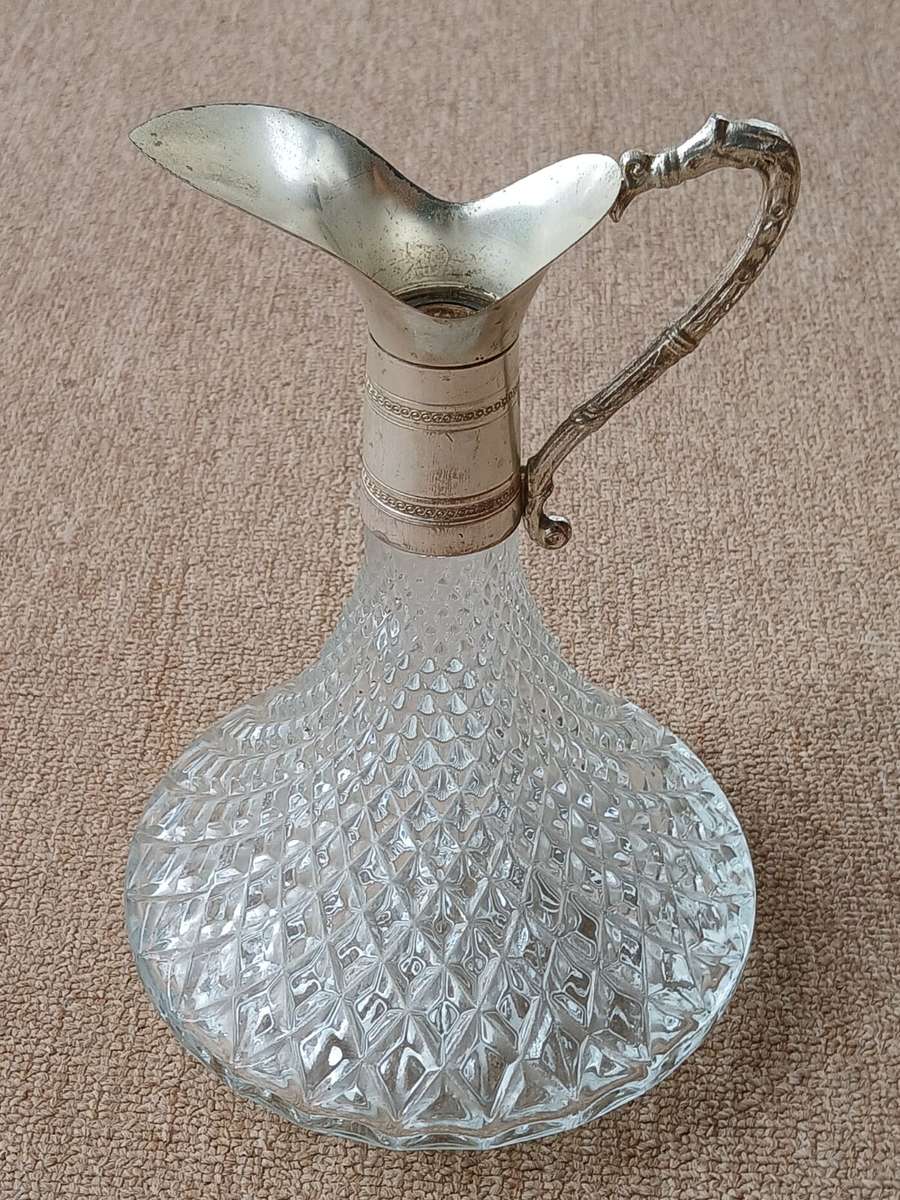VINTAGE Italian Crystal Glass Silver Plate Decanter Pitcher Ewer Claret Wine Jug
