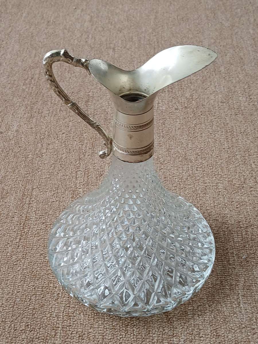 VINTAGE Italian Crystal Glass Silver Plate Decanter Pitcher Ewer Claret Wine Jug