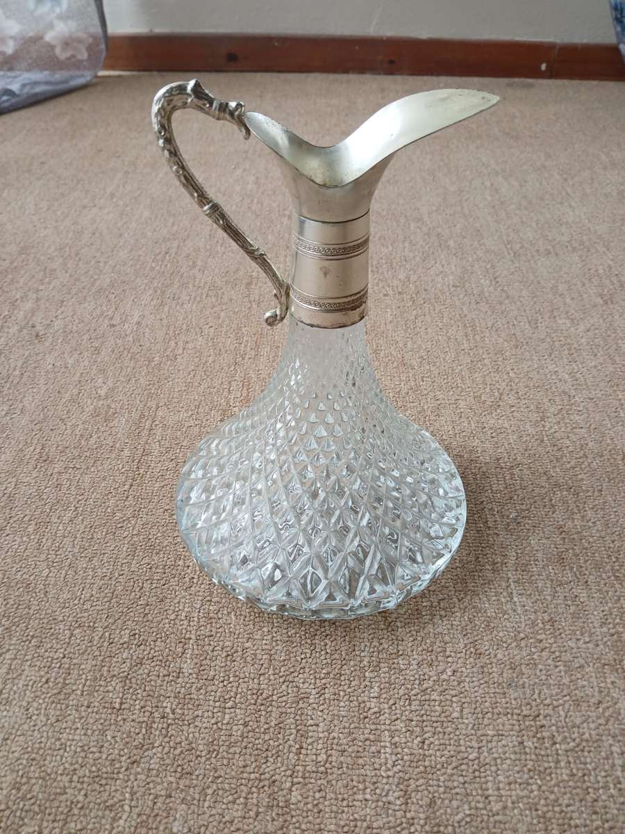 VINTAGE Italian Crystal Glass Silver Plate Decanter Pitcher Ewer Claret Wine Jug