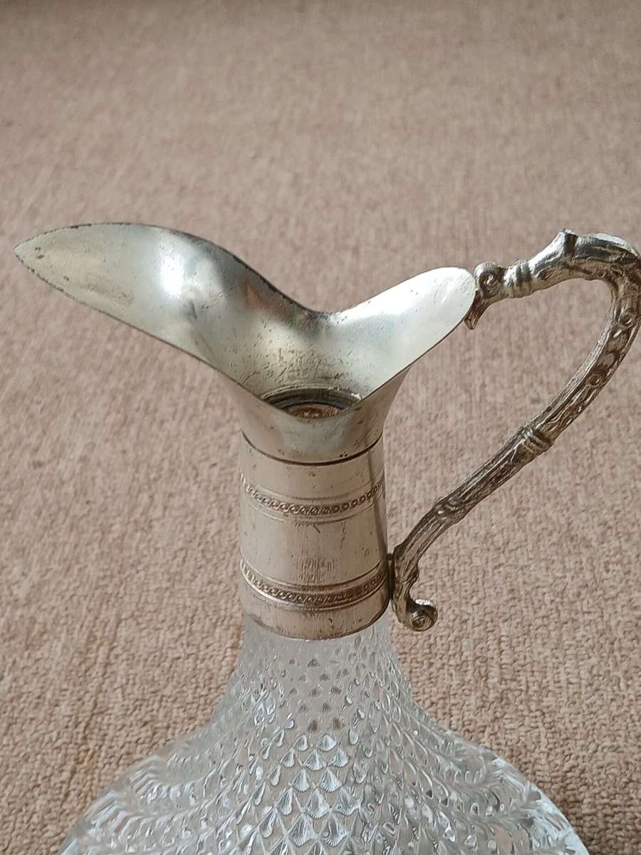 VINTAGE Italian Crystal Glass Silver Plate Decanter Pitcher Ewer Claret Wine Jug