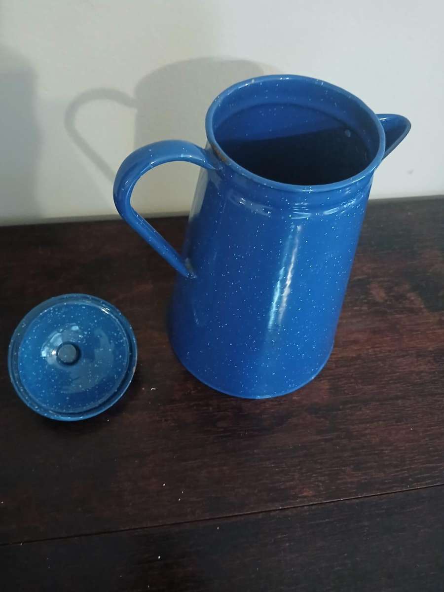 VINTAGE Blue Speckled Enamelware Coffee Pot Camping Farmhouse Home Decor