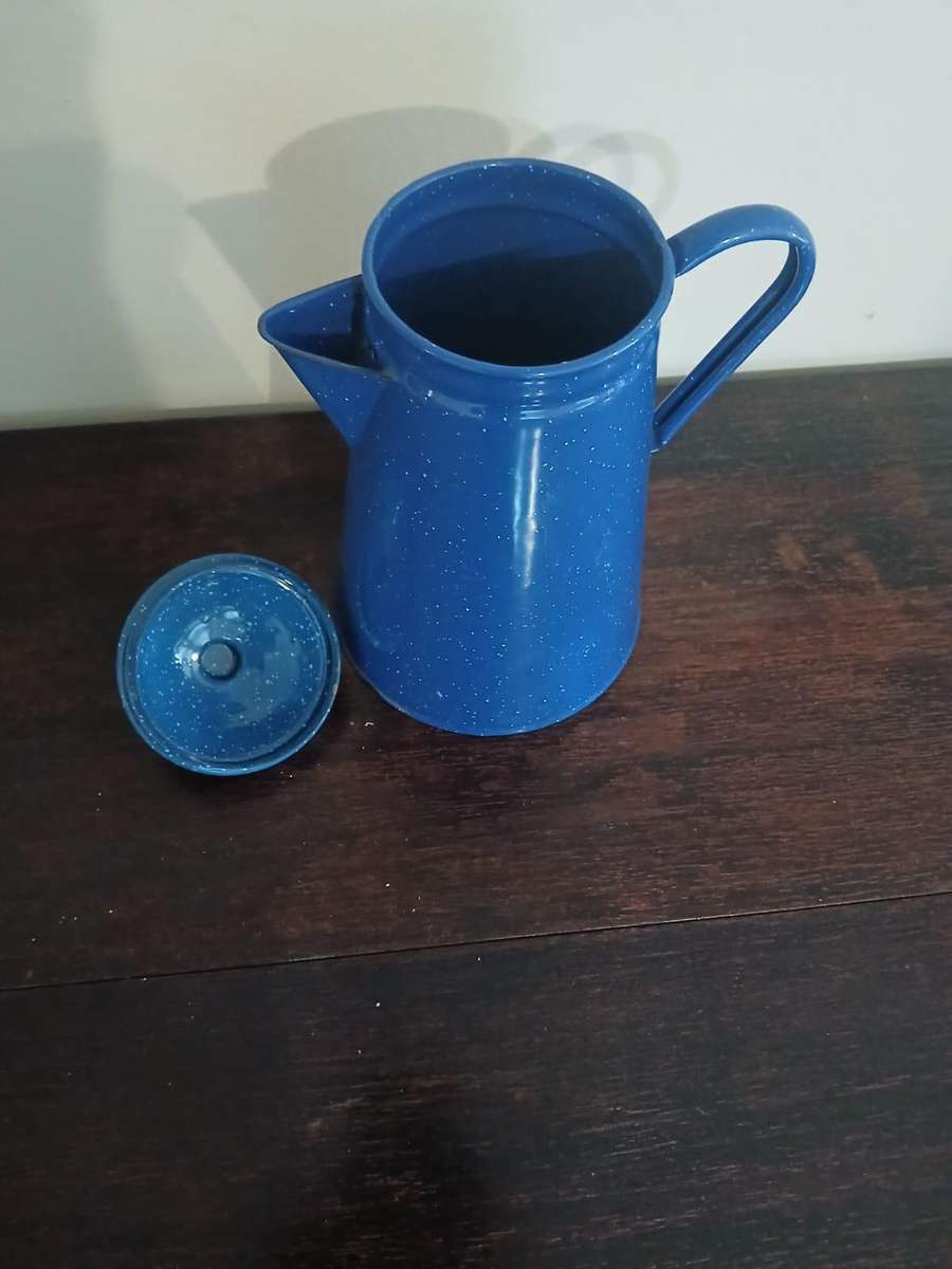VINTAGE Blue Speckled Enamelware Coffee Pot Camping Farmhouse Home Decor