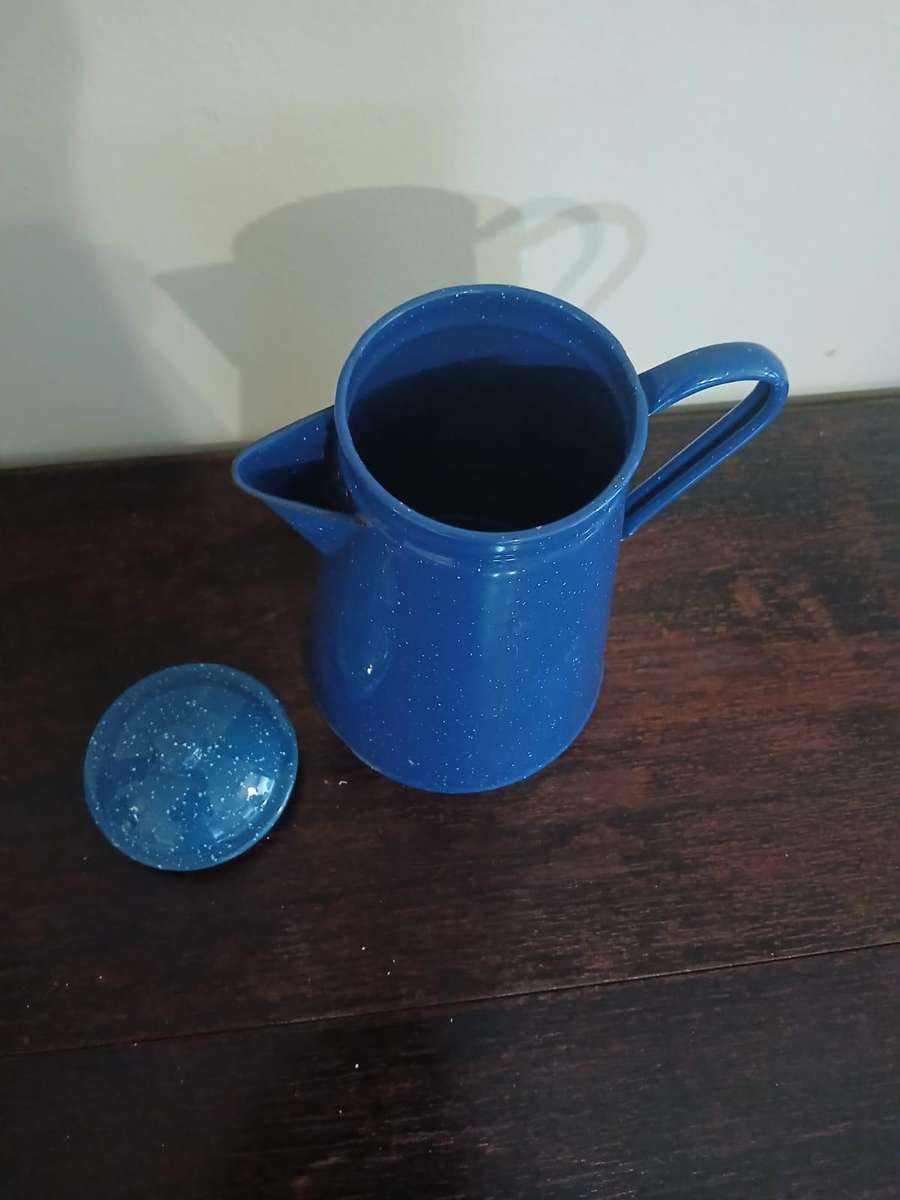 VINTAGE Blue Speckled Enamelware Coffee Pot Camping Farmhouse Home Decor