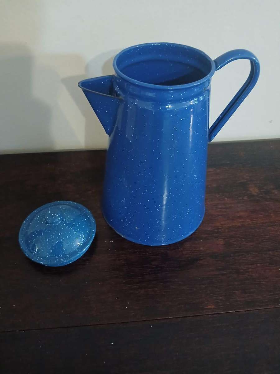 VINTAGE Blue Speckled Enamelware Coffee Pot Camping Farmhouse Home Decor