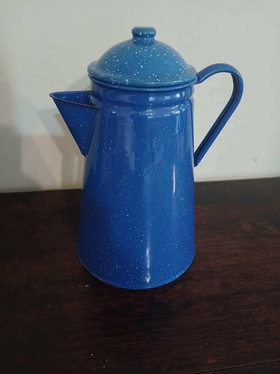 VINTAGE Blue Speckled Enamelware Coffee Pot Camping Farmhouse Home Decor
