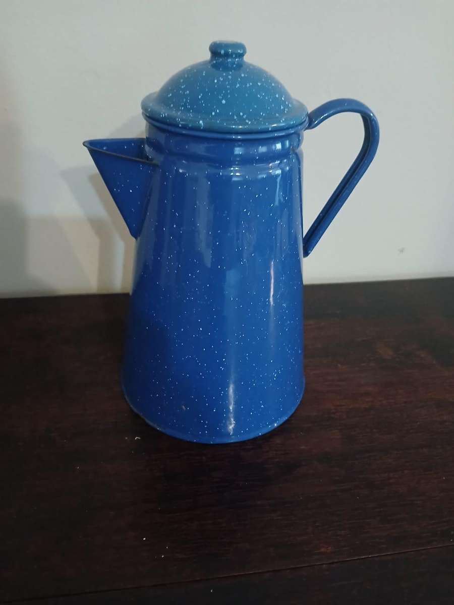VINTAGE Blue Speckled Enamelware Coffee Pot Camping Farmhouse Home Decor