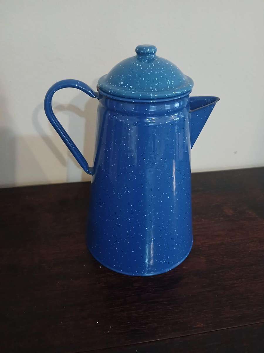 VINTAGE Blue Speckled Enamelware Coffee Pot Camping Farmhouse Home Decor