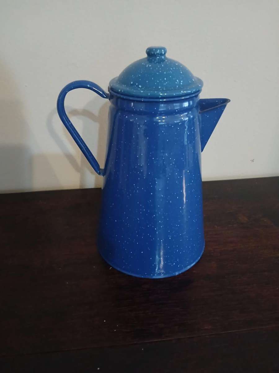 VINTAGE Blue Speckled Enamelware Coffee Pot Camping Farmhouse Home Decor