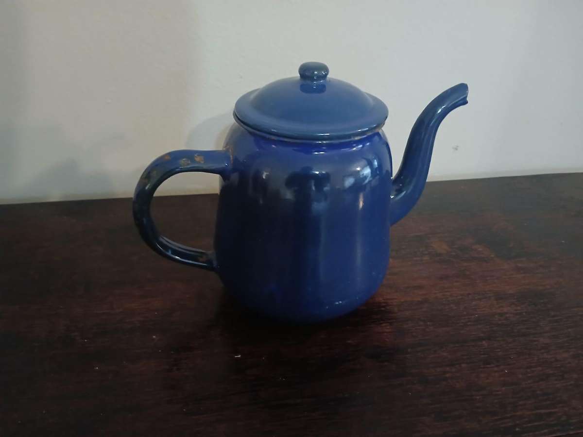 VINTAGE Blue Enamel Tea Kettle
