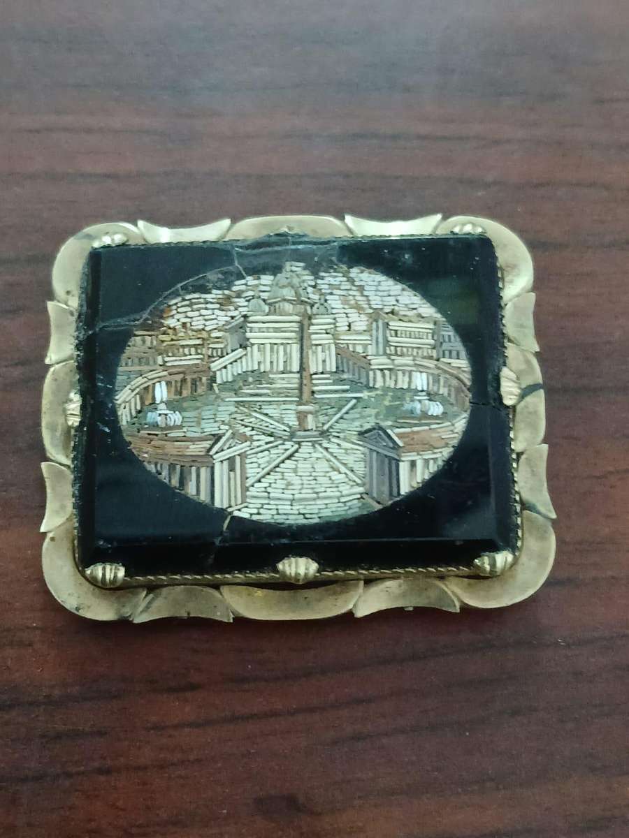 ANTIQUE Micro Mosaic Brooch Depicting St. Peter's Square in Vatican City, Rome, Italy 19th Century