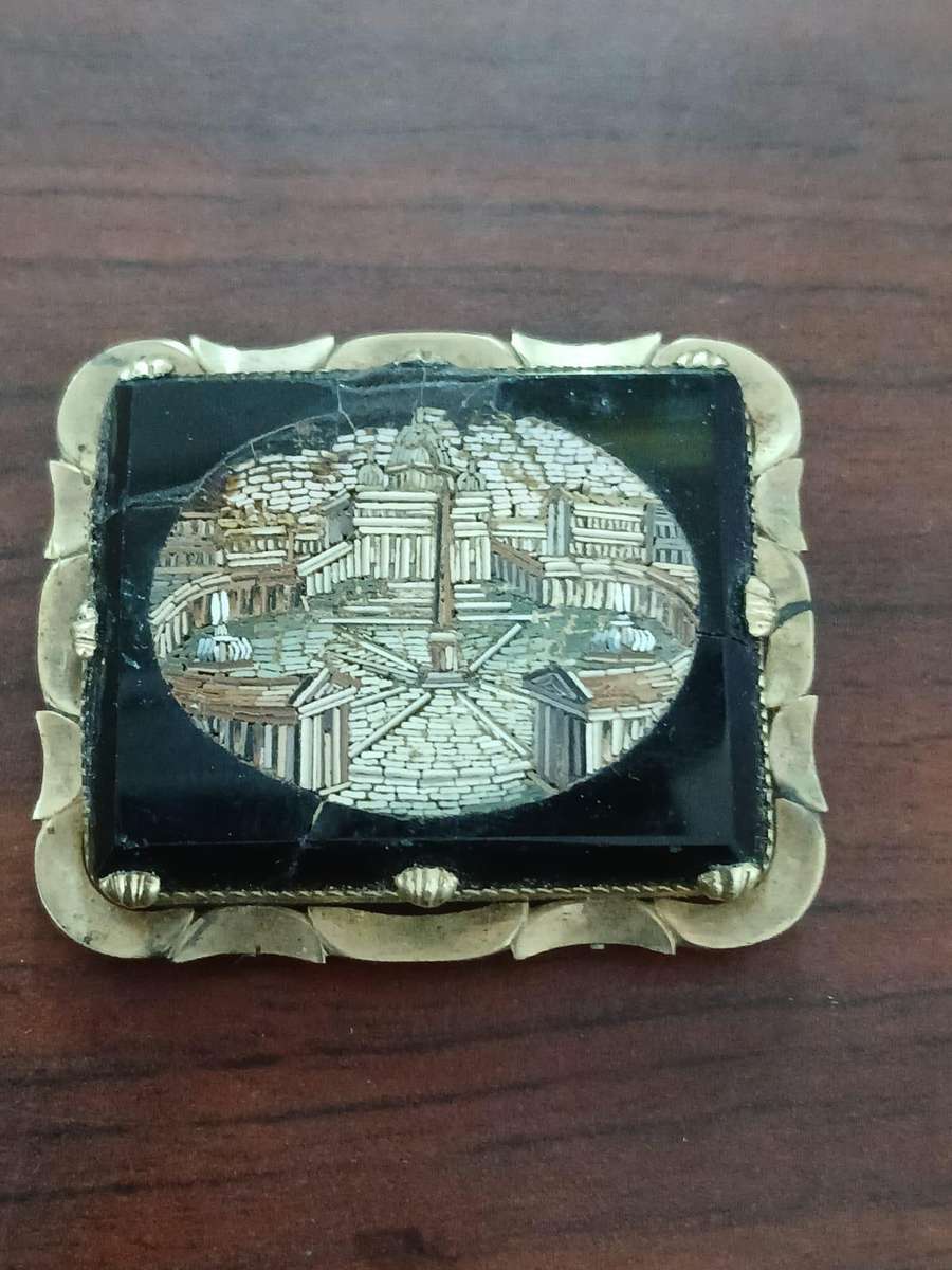 ANTIQUE Micro Mosaic Brooch Depicting St. Peter's Square in Vatican City, Rome, Italy 19th Century