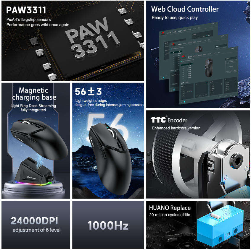 X2 Rechargeable 24000 DPI Wireless Gaming Mouse 56g Ergonomic Design - Black